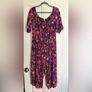 Navy Floral Midi jumpsuit with Pink & Green Blooms